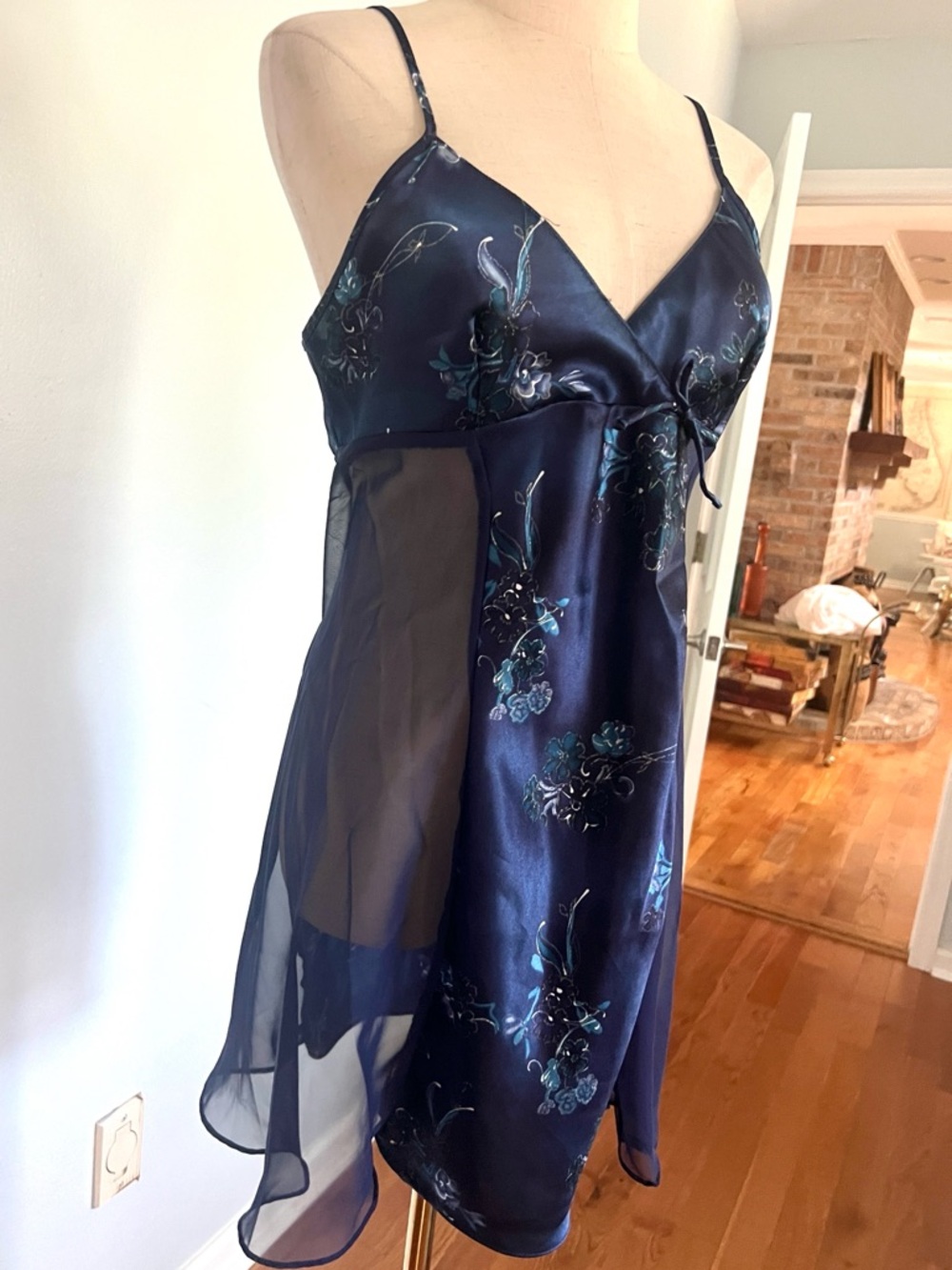 VTG/Y2K Cinema Etoile Sheer Slip Dress Navy Blue Floral Satin Coquette Size L - Picture 5 of 9